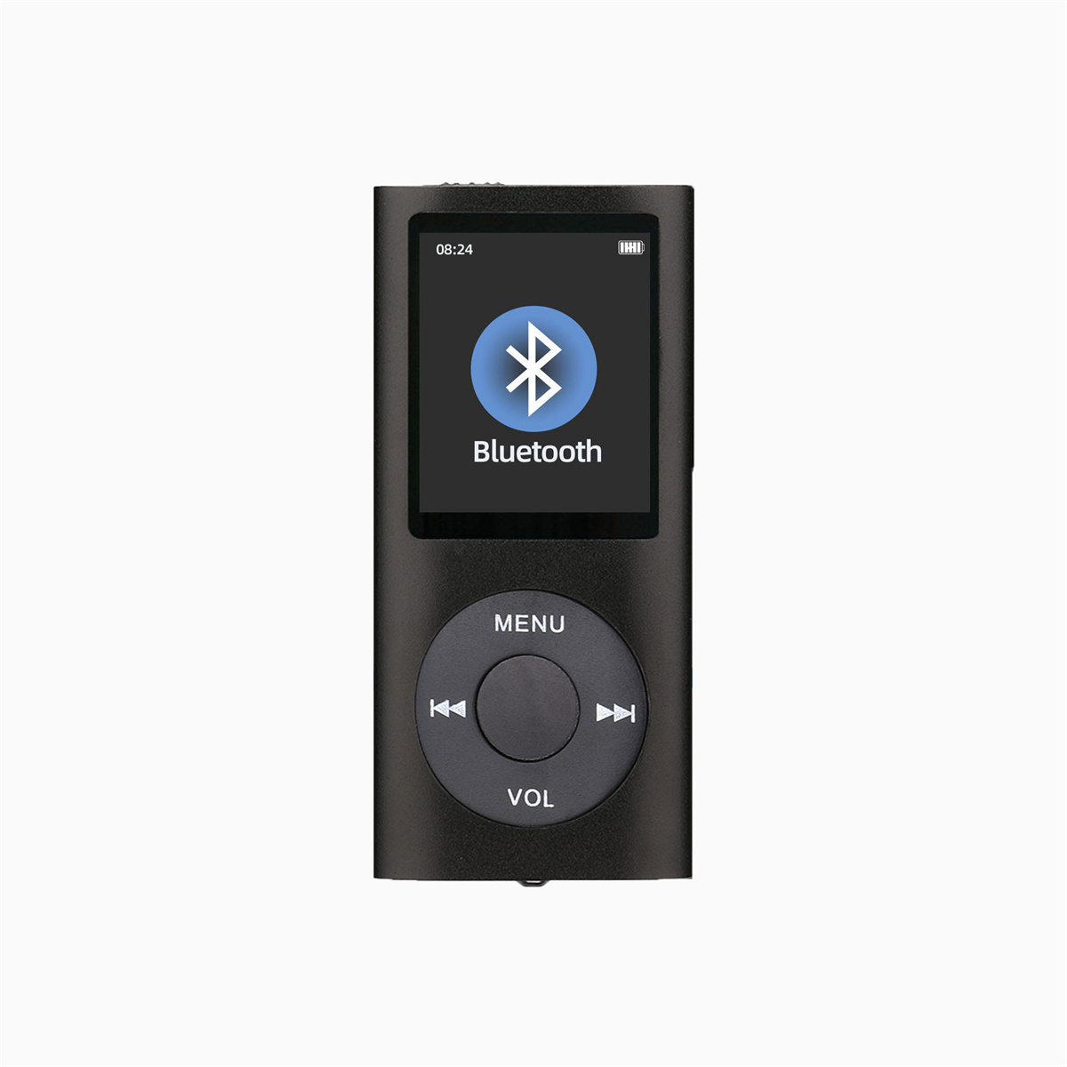 Schwarzer MP3-Player mit Bildschirm, der ein Bluetooth-Symbol und Steuertasten anzeigt.