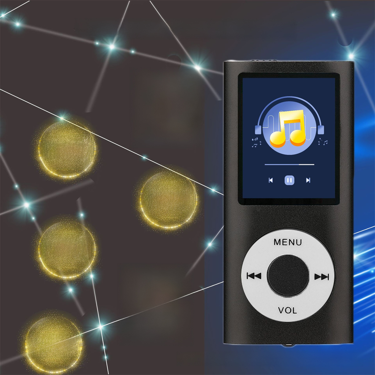 Schwarzer MP3-Player mit Bildschirm, der Musiksteuerungen und eine gelbe Note zeigt.