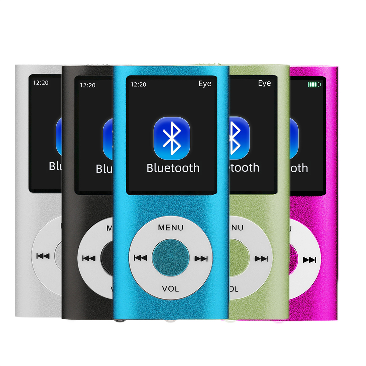 Fünf farbenfrohe MP3-Player: weiß, schwarz, blau, grün und pink. Jeder hat einen Bildschirm und ein Steuerrad.