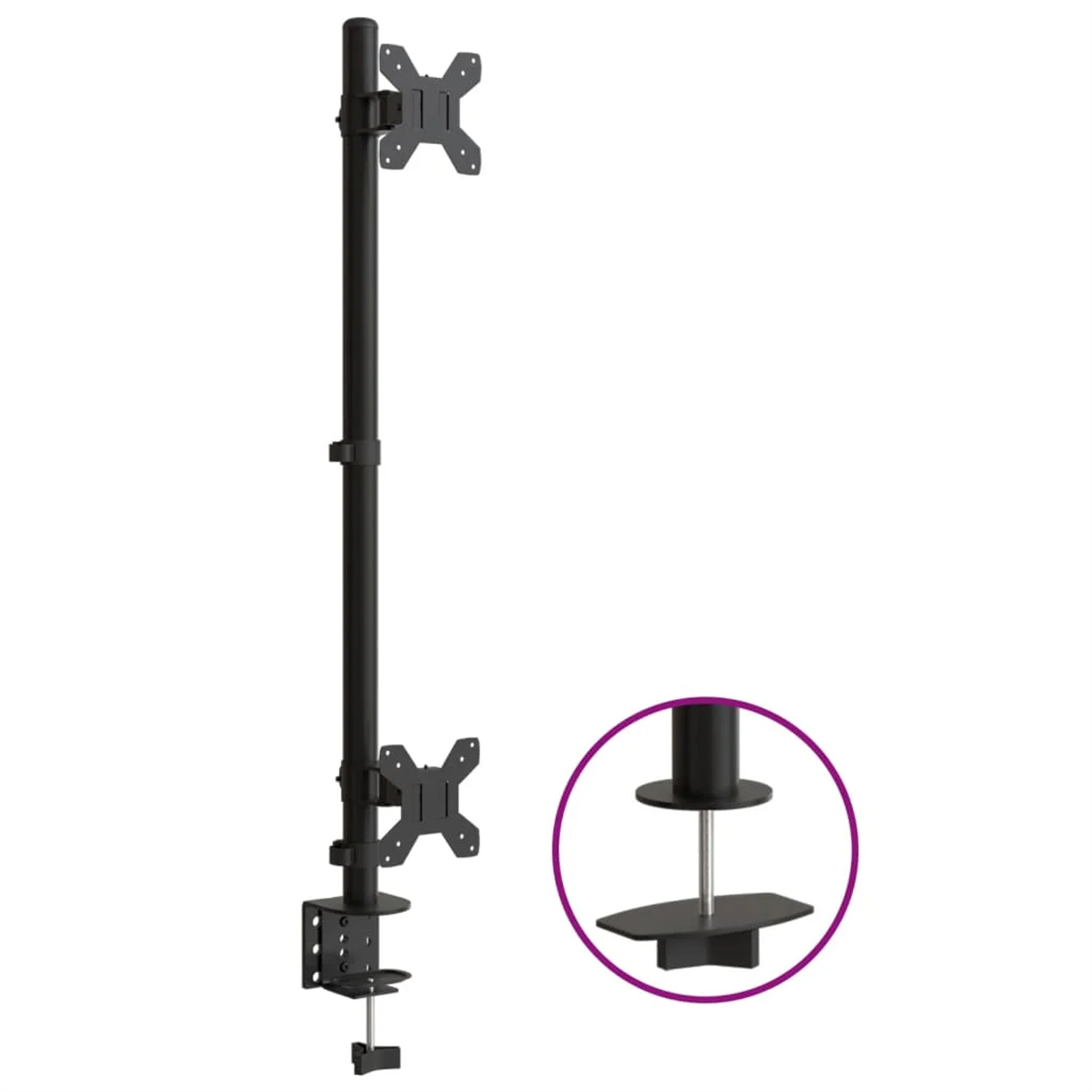 Eine schwarze Monitorhalterung auf einem Tisch befestigt, mit Nahaufnahme des Befestigungsmechanismus.