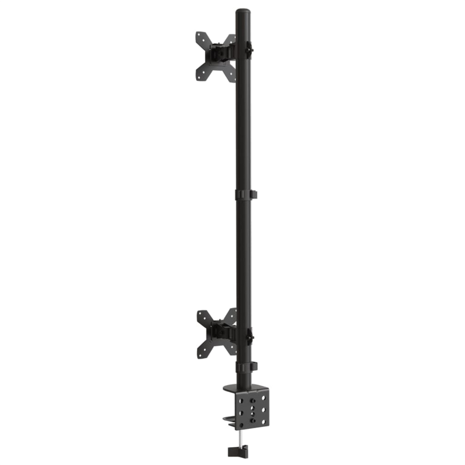 Schwarze Doppelmonitorhalterung mit zwei Monitorhalterungsplatten, an einer Schreibtischklemme befestigt.
