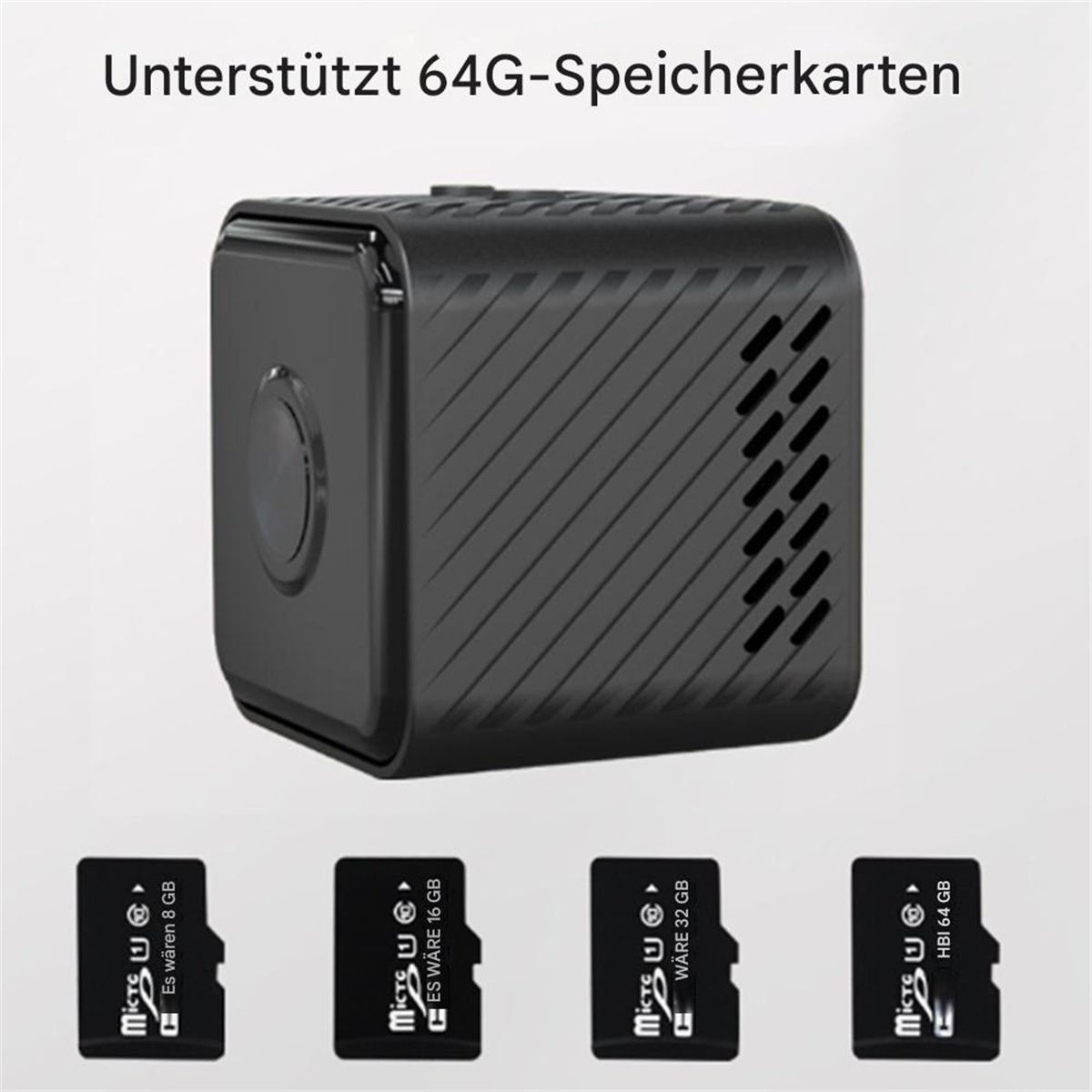 Schwarze Überwachungskamera mit SD-Karten, unterstützt 64 GB, auf weißer Oberfläche.