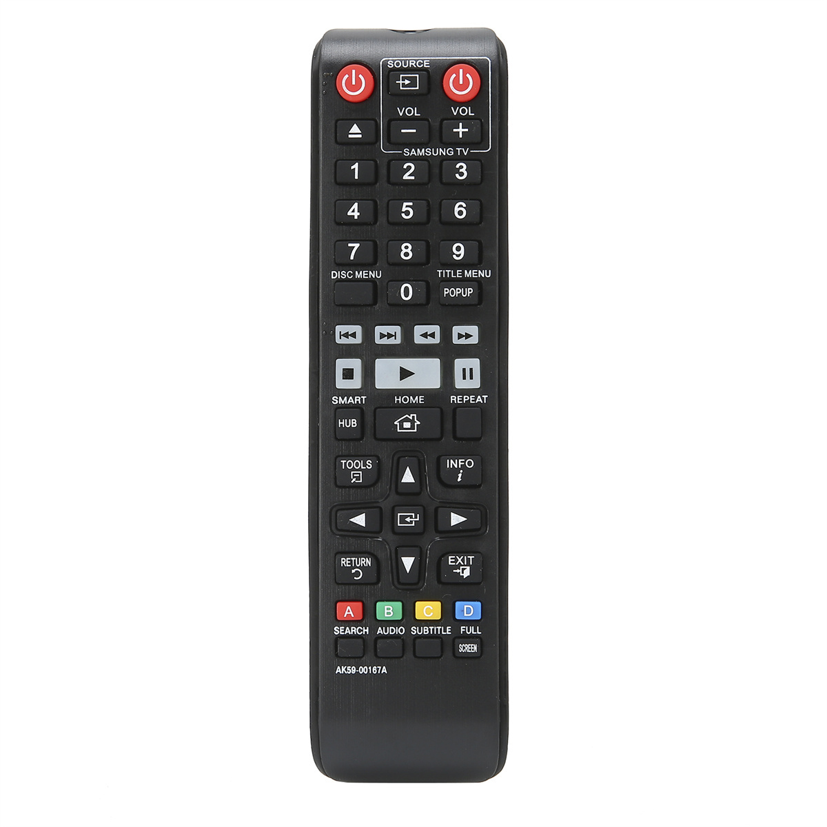 Schwarze Samsung TV-Fernbedienung mit mehreren Tasten auf weißem Hintergrund.