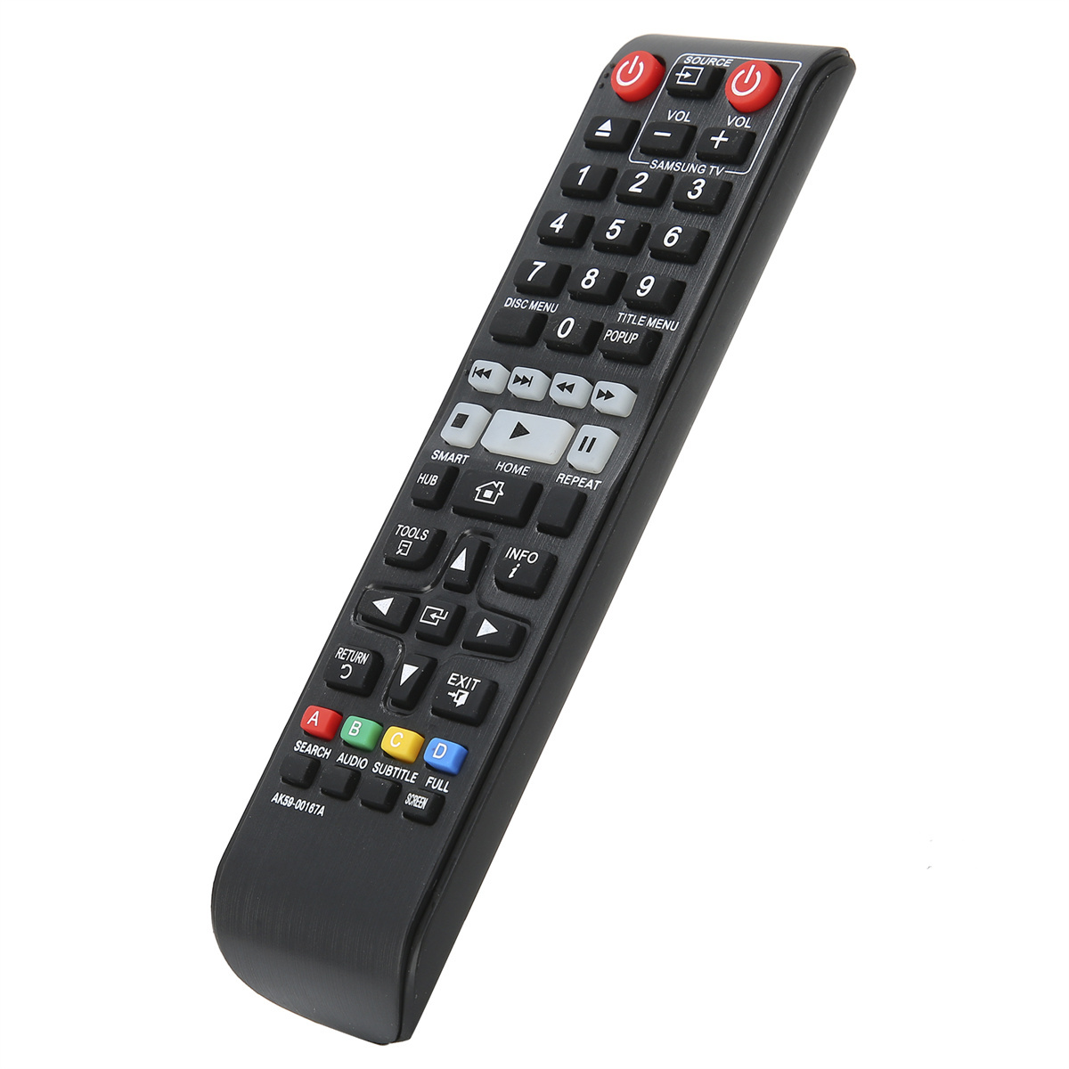 Schwarze TV-Fernbedienung mit vielen Tasten. Enthält Strom-, Lautstärke-, Kanal- und numerische Tasten. Samsung-Branding.