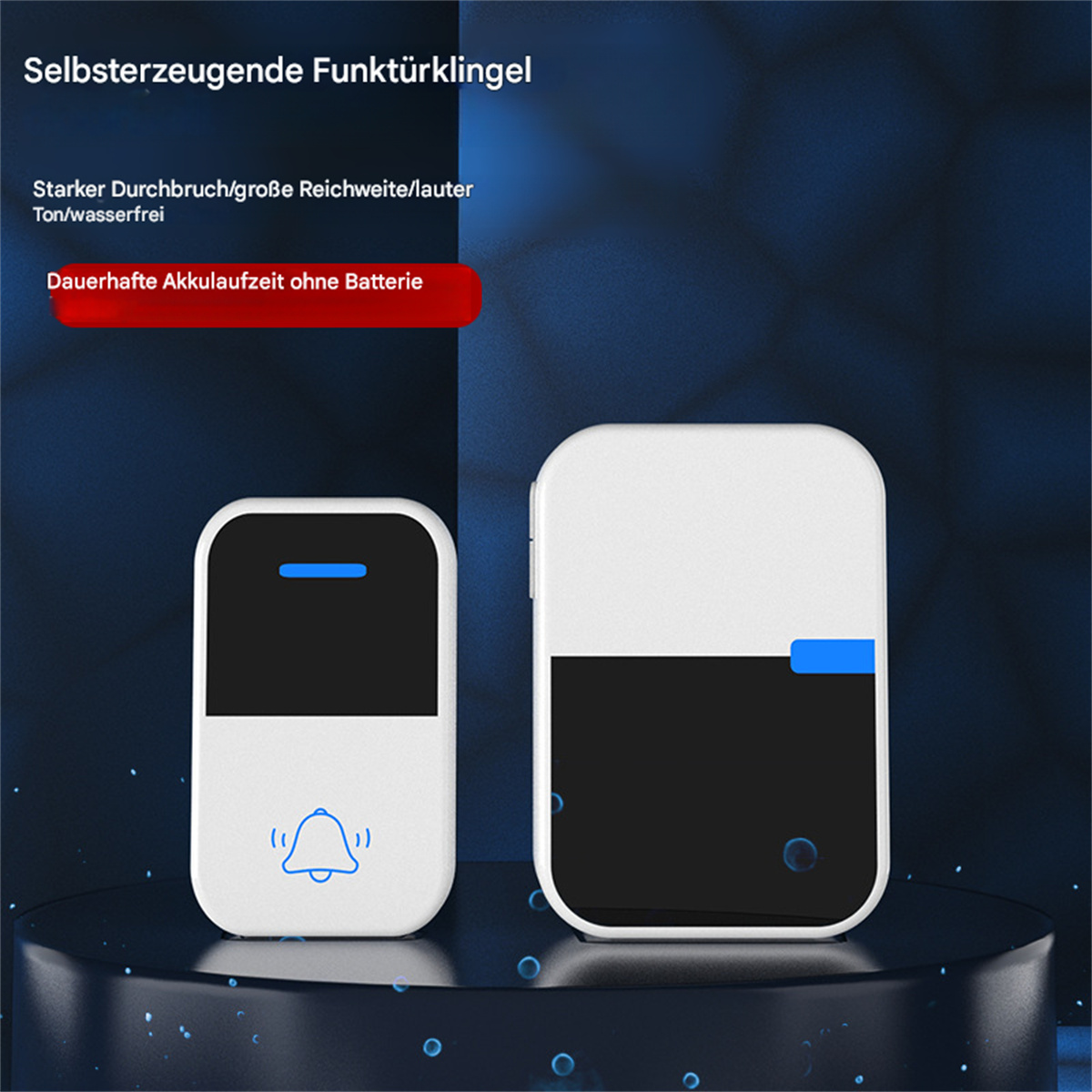 Zwei weiße Türklingeln mit schwarzen und blauen Akzenten. Text auf Deutsch oben.