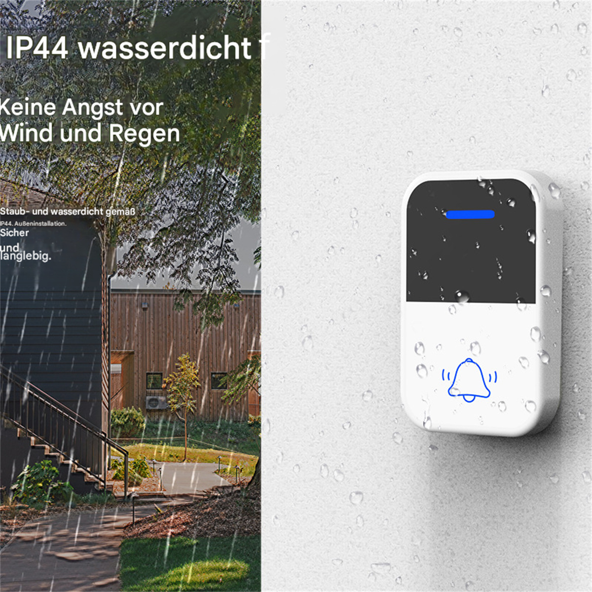 Weiße Türklingel mit Regentropfen, Baum im Hintergrund und Text über Wasserbeständigkeit.