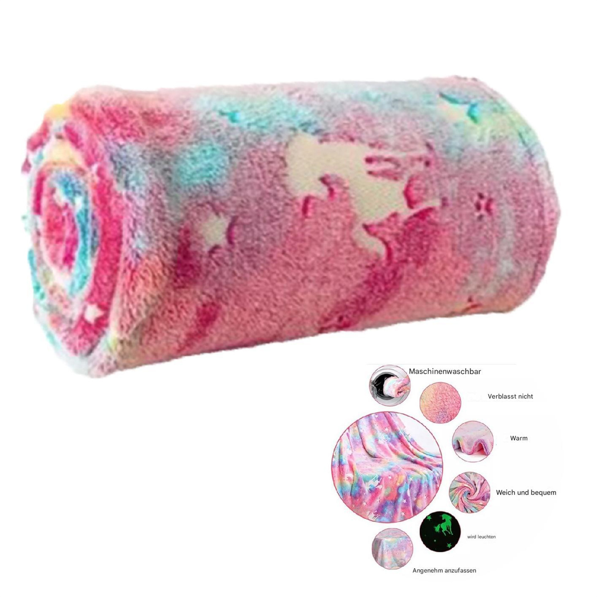 Eine zusammengerollte Decke mit einem Einhorn-Design und anderen Designs. Rosa, lila und blaue Farben.
