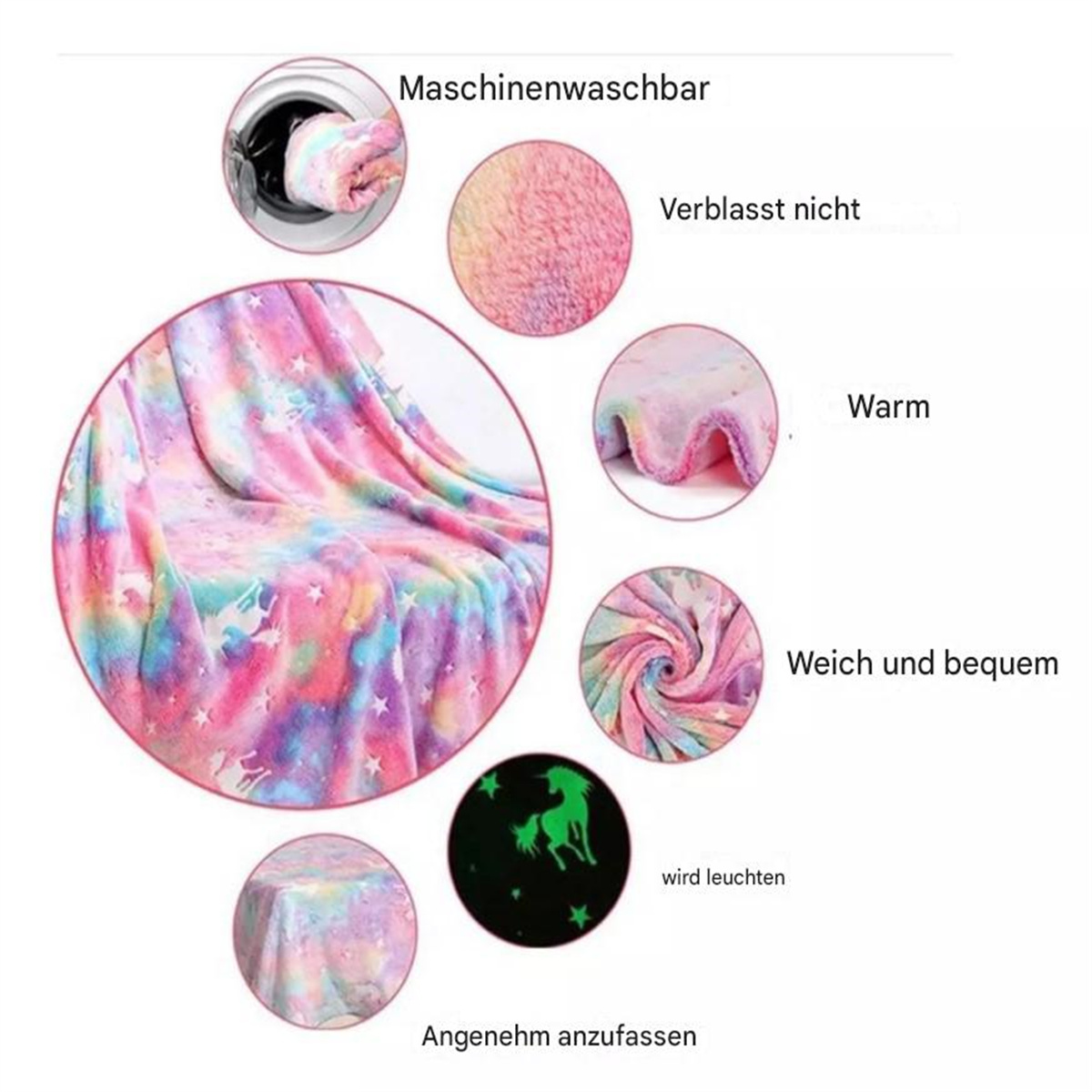 Bunte Einhorn-Decke mit verschiedenen Etiketten zu ihren Eigenschaften.