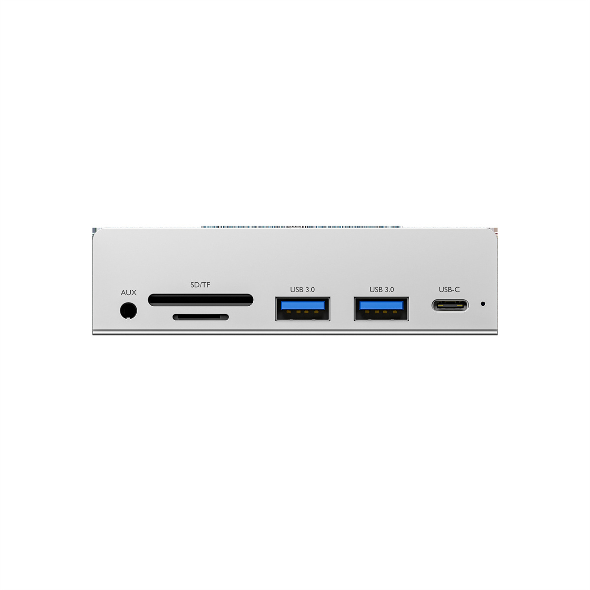 Ein silbernes Gerät mit mehreren Anschlüssen für USB, SD/TF und AUX.