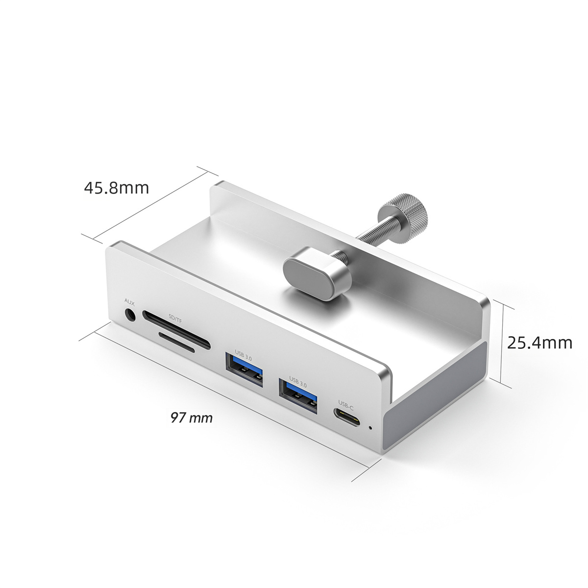 Silbernes Aluminiumgerät mit USB-Anschlüssen und SD-Kartensteckplätzen. Text: AUX, SD/TF, USB 3.0 und USB-C.