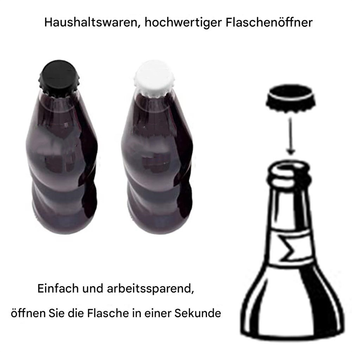 Zwei Flaschen und ein Flaschenöffner zeigen, wie man eine Flasche öffnet.