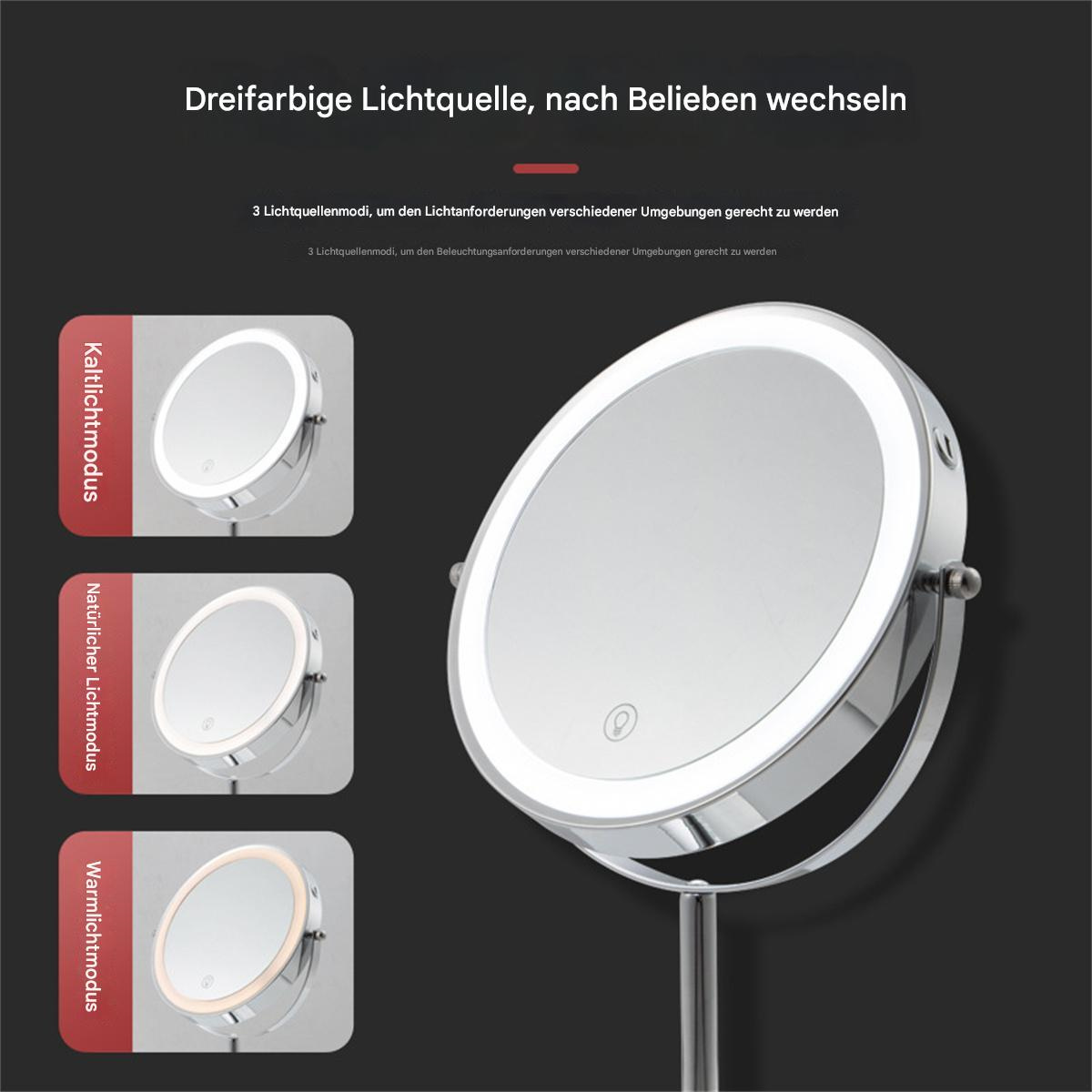Drei beleuchtete Spiegel, die verschiedene Lichtmodi zeigen: kalt, natürlich und warm, auf dunklem Hintergrund.