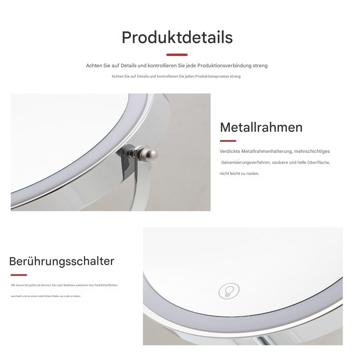 Nahaufnahme eines Spiegels mit Lichtring und Metallrahmen, Produktdetails werden gezeigt.