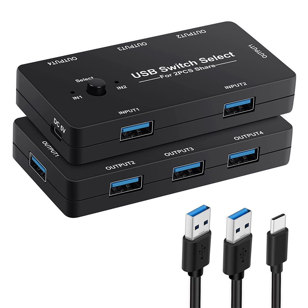 Schwarzer USB-Switch für zwei Geräte, mit mehreren USB-Anschlüssen und USB-Kabeln.