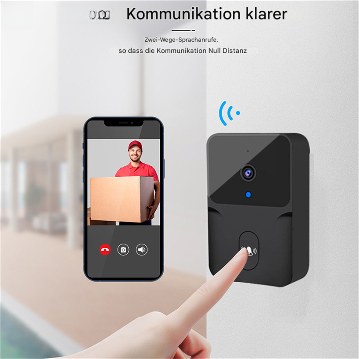 Person benutzt eine Video-Türklingel. Ein Telefonbildschirm zeigt die Person und eine Box, neben einer Türklingel.