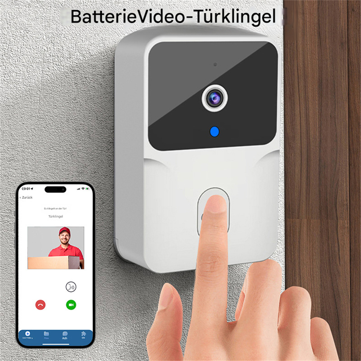 Eine weiße Türklingel mit Kamera neben einem Smartphone, das einen Videoanruf mit einem Mann zeigt.