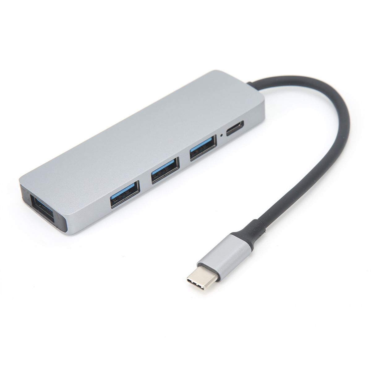 Silberner USB-Hub mit mehreren Anschlüssen und schwarzem Kabel.