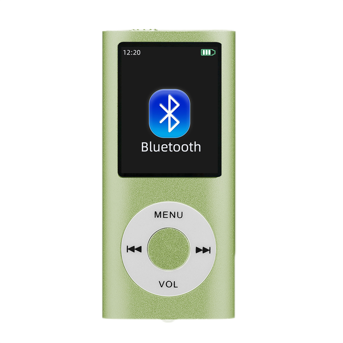 Grüner MP3-Player mit Bildschirm, der ein Bluetooth-Logo anzeigt. Knöpfe sind vorhanden.