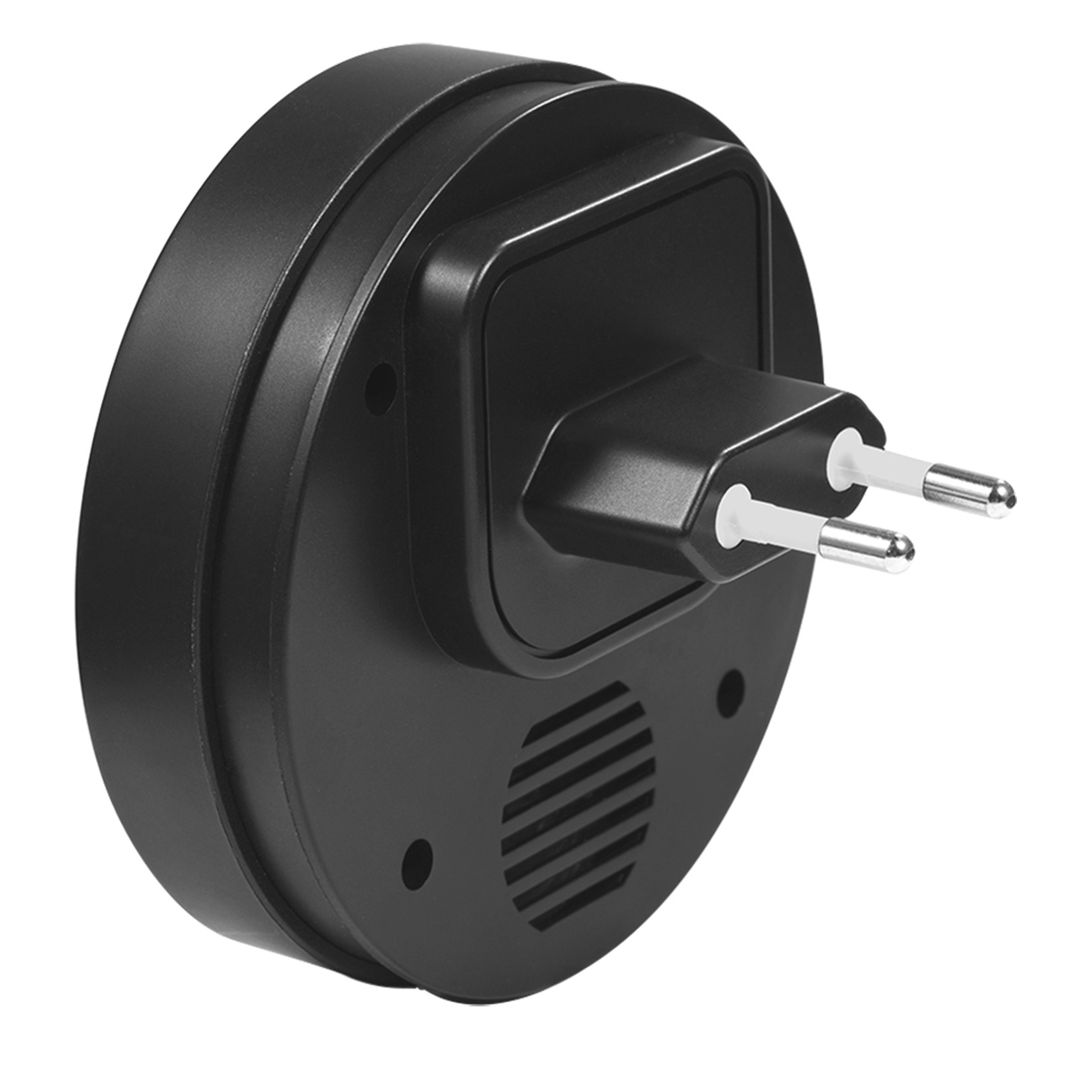 Ein schwarzes, kreisförmiges Plug-in-Gerät mit Lautsprechergrill und Netzstecker.