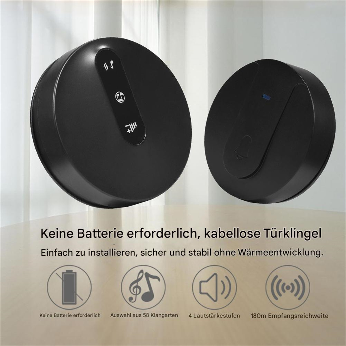 Zwei schwarze drahtlose Türklingeln. Text: Keine Batterie erforderlich, drahtlose Türklingel. Einfach zu installieren.