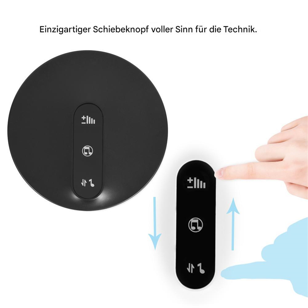 Schwarzes Bedienfeld mit Tasten und Schieberegler für die Lautstärke, mit Pfeil zur Anpassung.