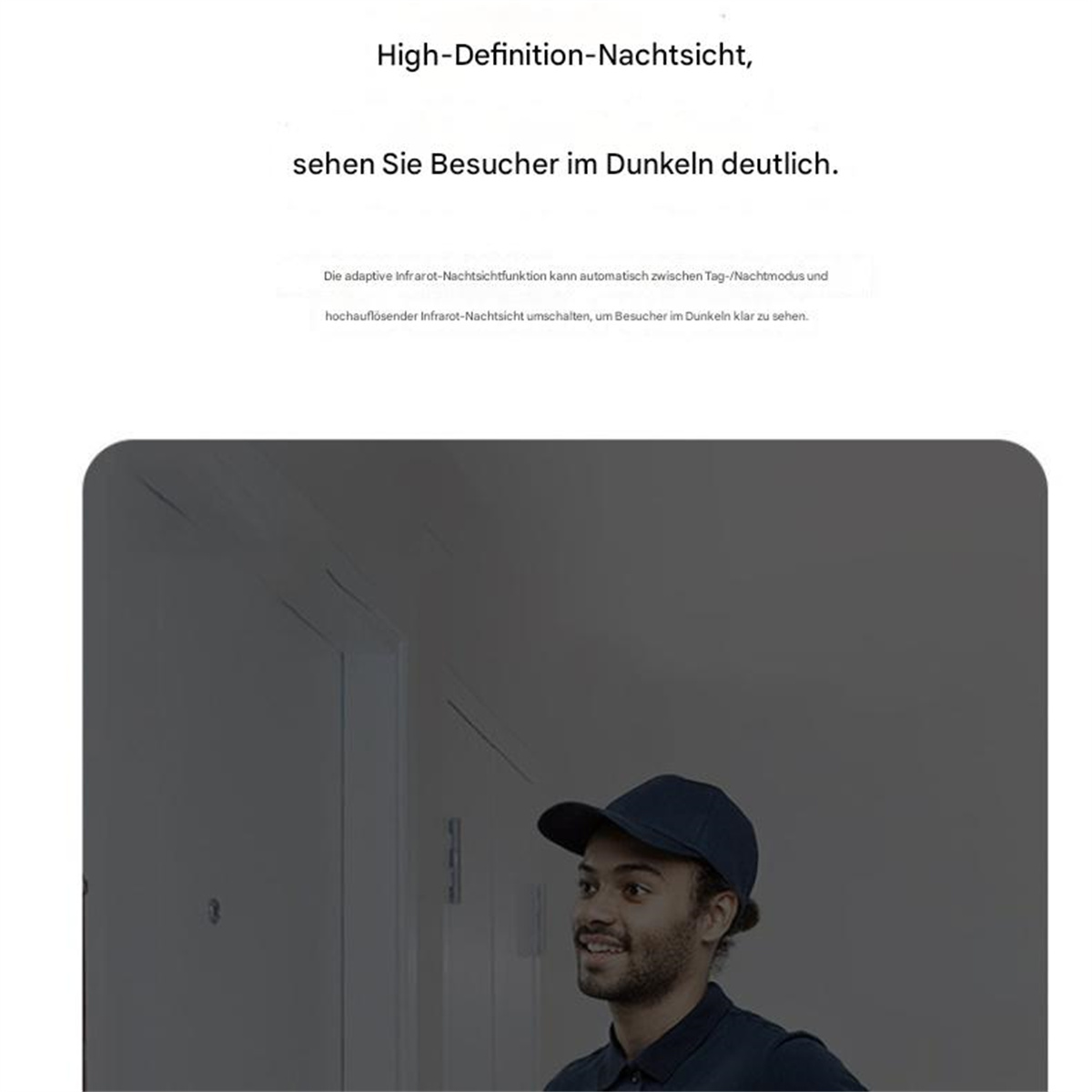 Ein Mann in einem dunklen Raum. Ein Text in Deutsch beschreibt Nachtsicht.