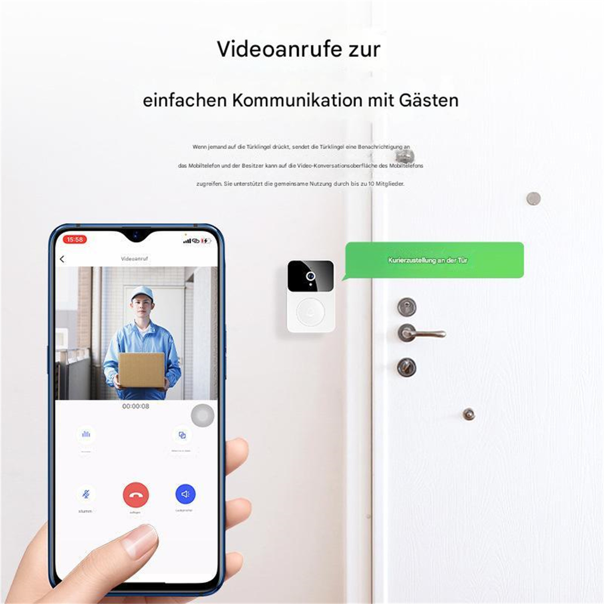 Smartphone zeigt Videoanruf mit Person in einer Box. Türklingel mit Kamera.