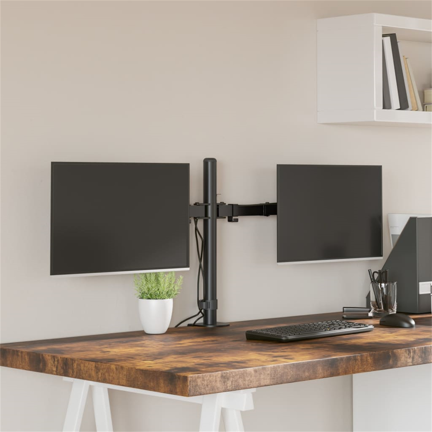 Zwei Monitore auf einem Schreibtisch, mit einer Pflanze, Tastatur und Zubehör. Weiße Wand und Schrank im Hintergrund.