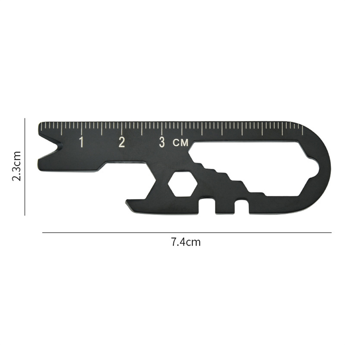 Schwarzes Multi-Tool mit Linealmarkierungen und verschiedenen Aussparungen.