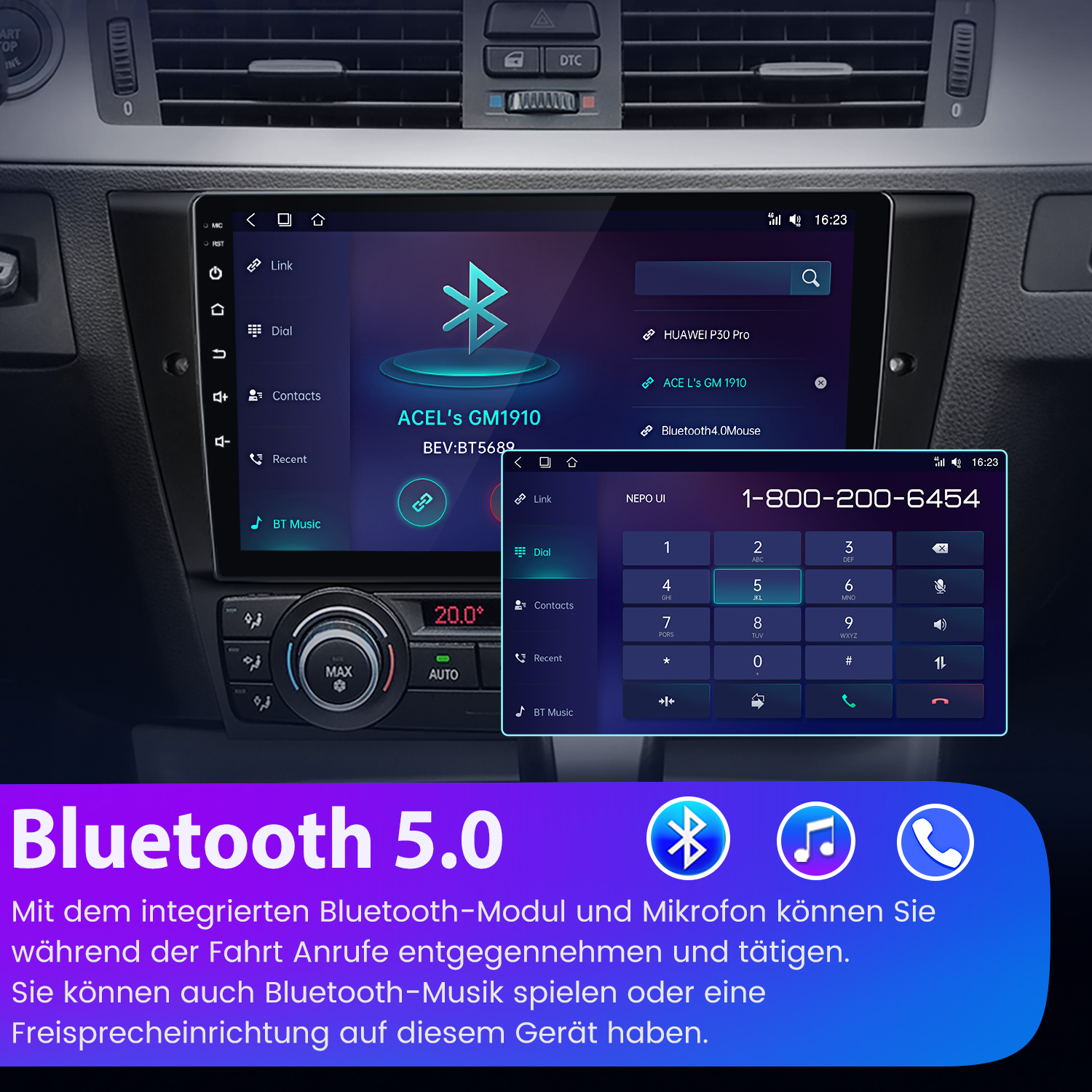 Samochodowy system informacyjno-rozrywkowy z interfejsem wybierania numeru telefonu, tekstem Bluetooth 5.0 i ikonami.