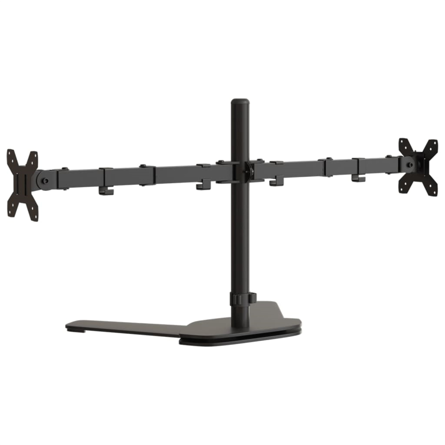 Schwarze Doppelmonitorhalterung, mit Basis, zentraler Stange und zwei Armen zur Halterung der Monitore. Weißer Hintergrund.
