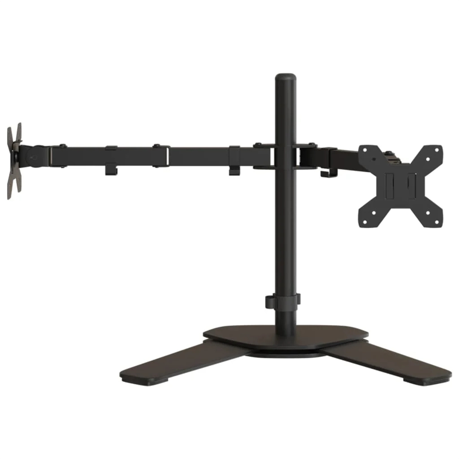 Doppel-Monitorständer mit Sockel und zwei ausziehbaren Armen.