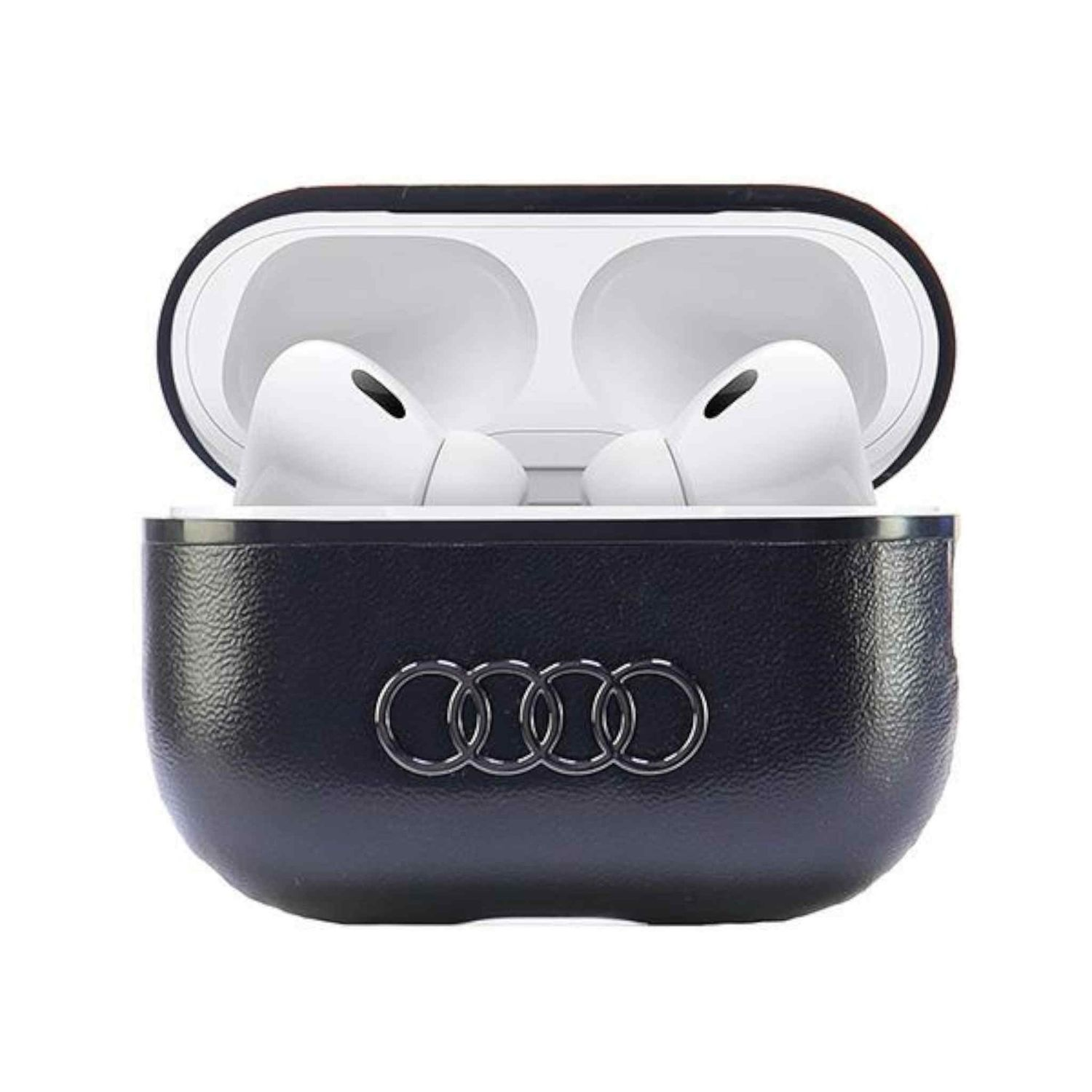 Auricolari bianchi all'interno di una custodia nera con il logo Audi, vista aperta.