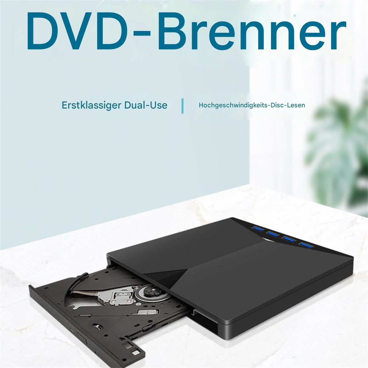 Ein schwarzer DVD-Brenner mit offenem Fach. Text auf Deutsch lautet 'DVD-Brenner'.
