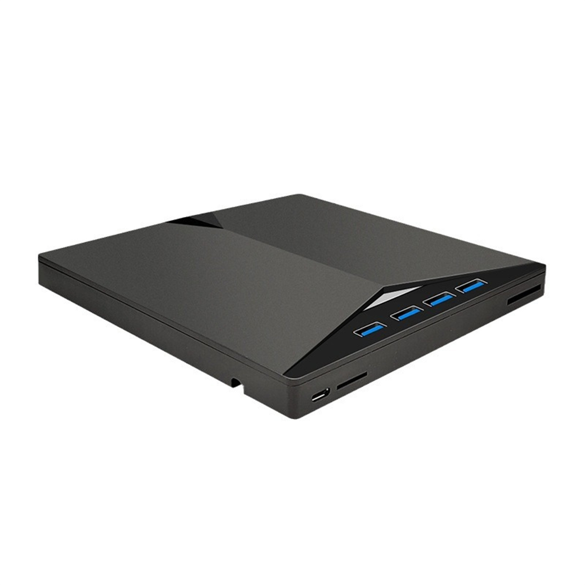 Schwarzes Computergerät, Winkelansicht, vier USB-Anschlüsse, Stromanschlüsse und schwarze Oberfläche.