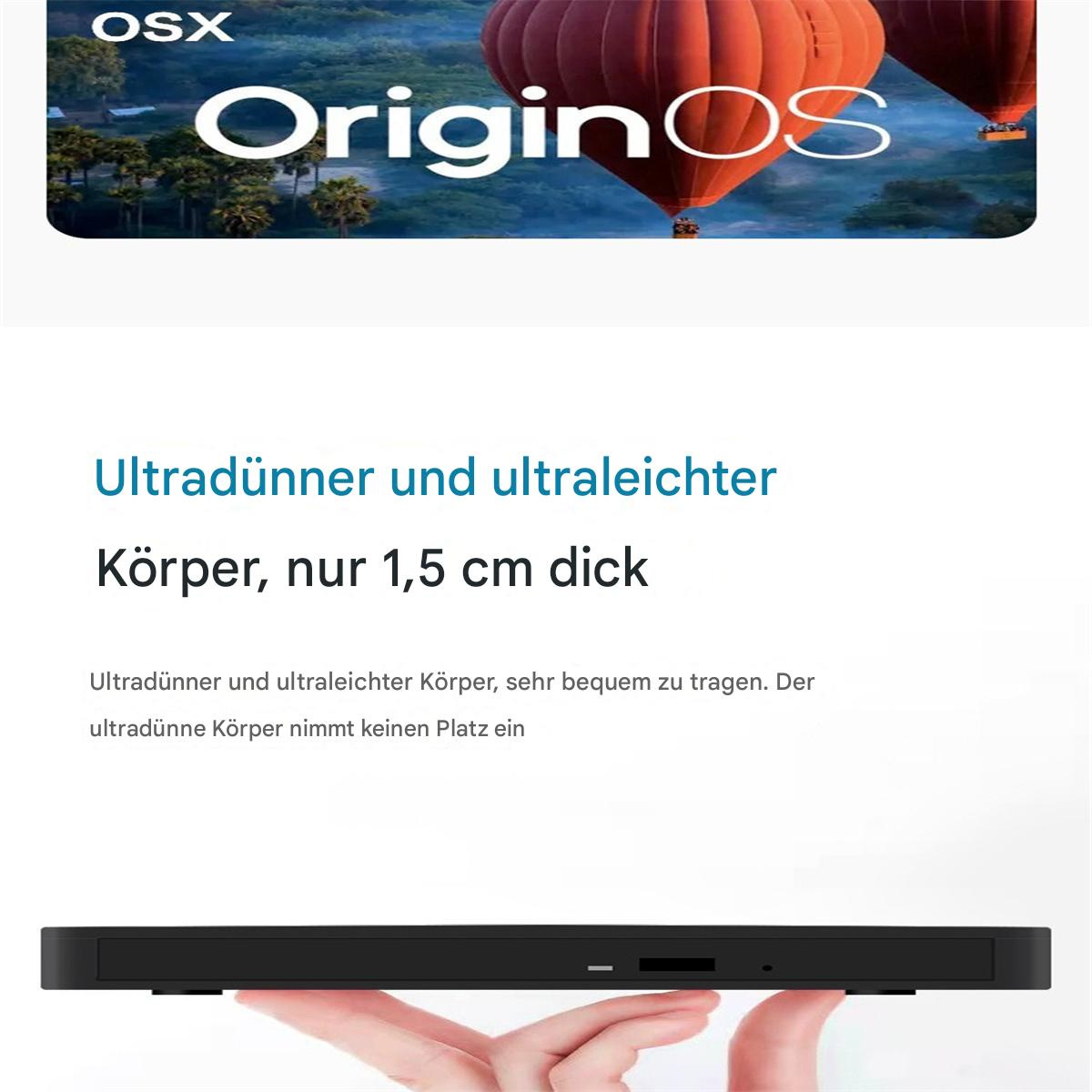 Hand, die ein schwarzes, dünnes Gerät hält. Text sagt: ultradünn, nur 1,5 cm dick. Ein USB-Anschluss ist sichtbar.