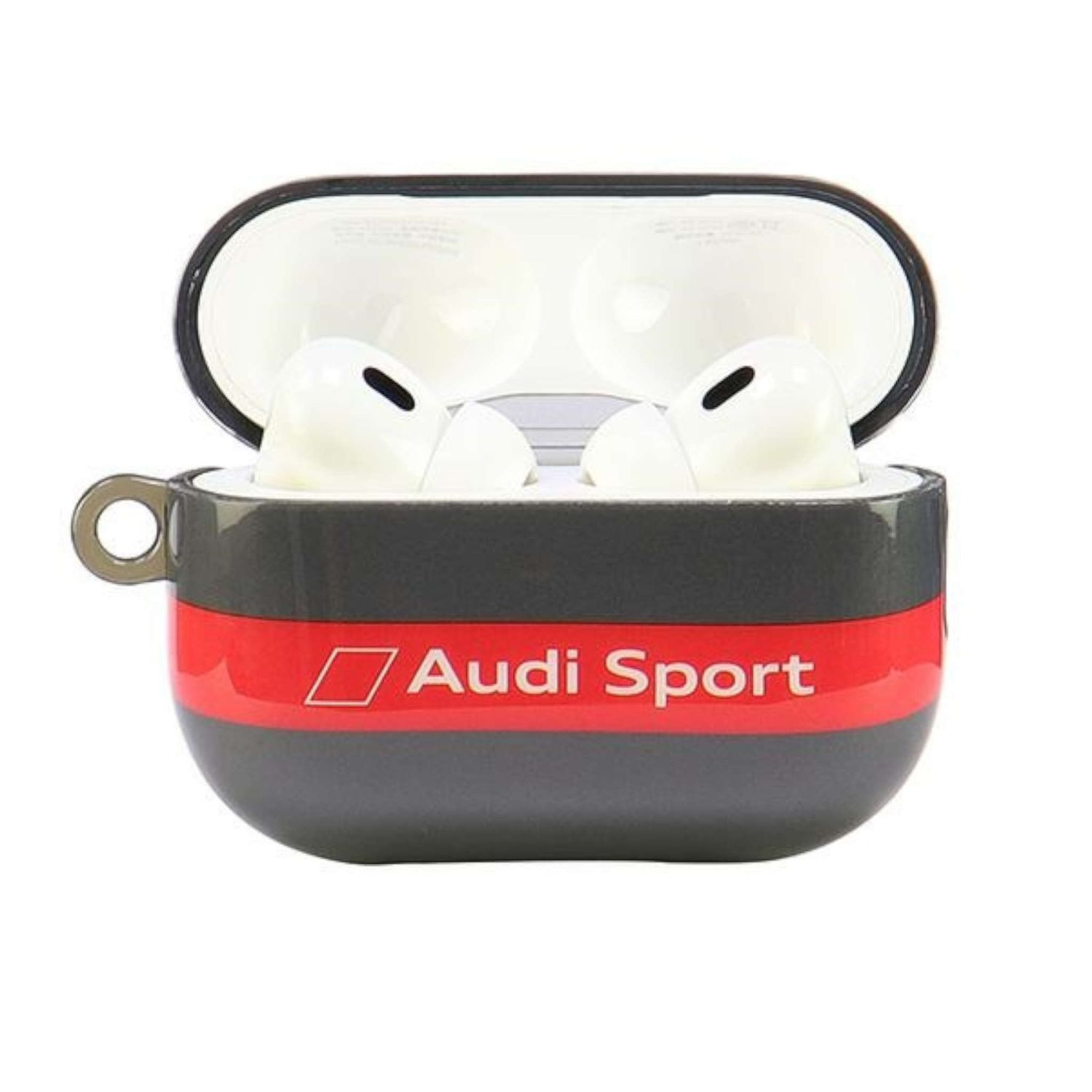 Auricolari bianchi in una custodia nera e rossa con il logo Audi Sport.