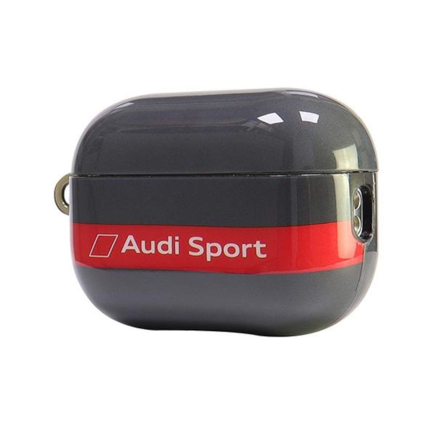 Custodia AirPods grigia e rossa con marchio Audi Sport, su sfondo bianco. Forma ovale.