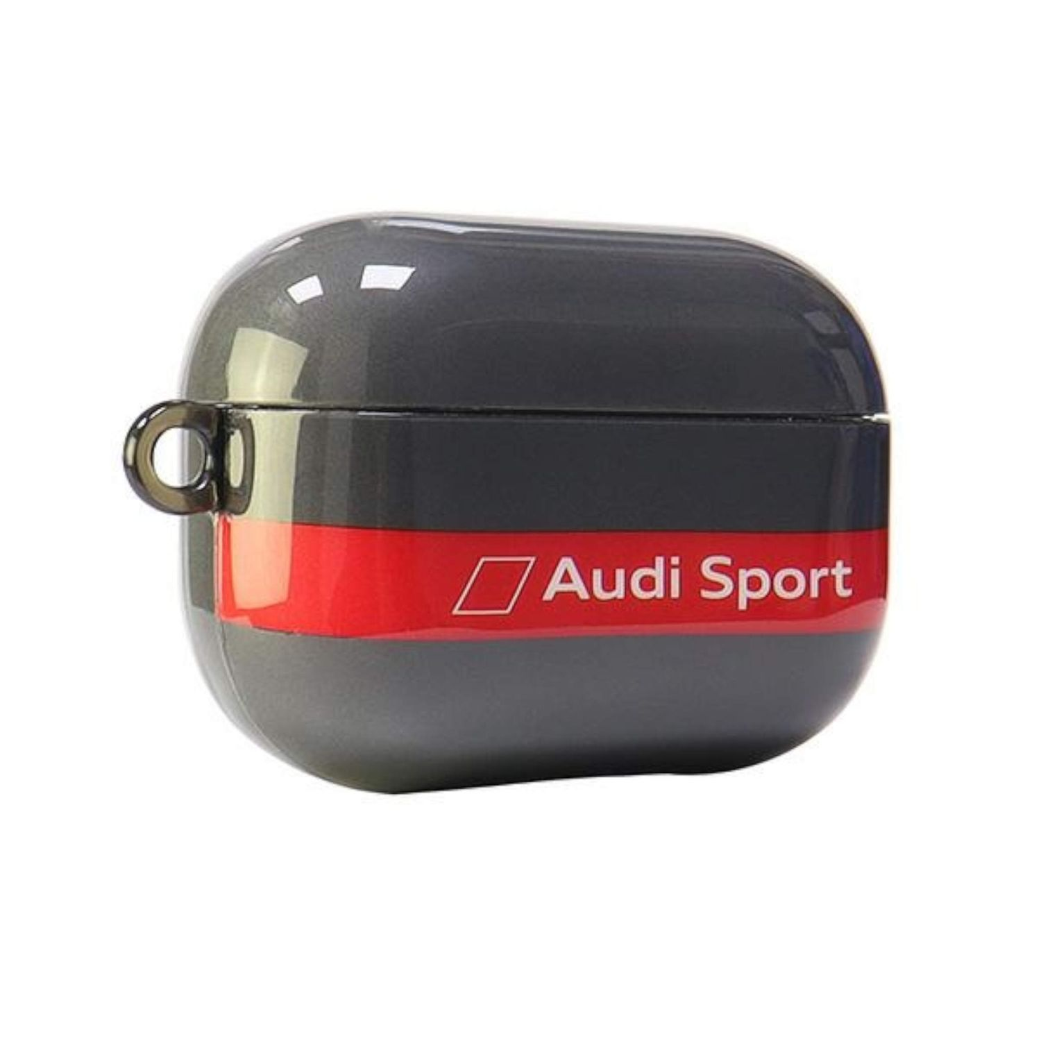 Custodia grigia per AirPods con striscia rossa e logo Audi Sport, con un passante per l'attacco.