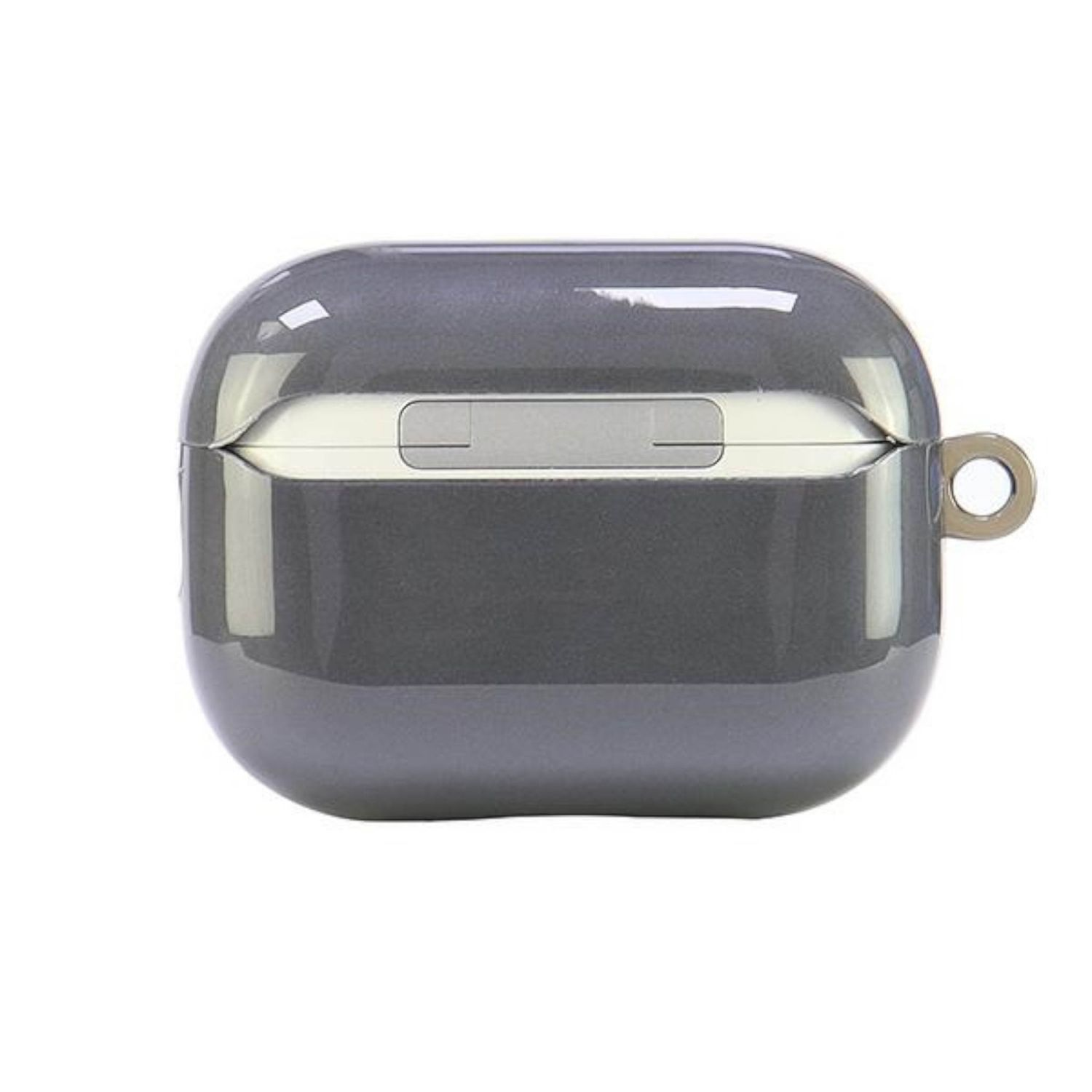 Custodia grigia lucida per auricolari con piccola apertura e anello.