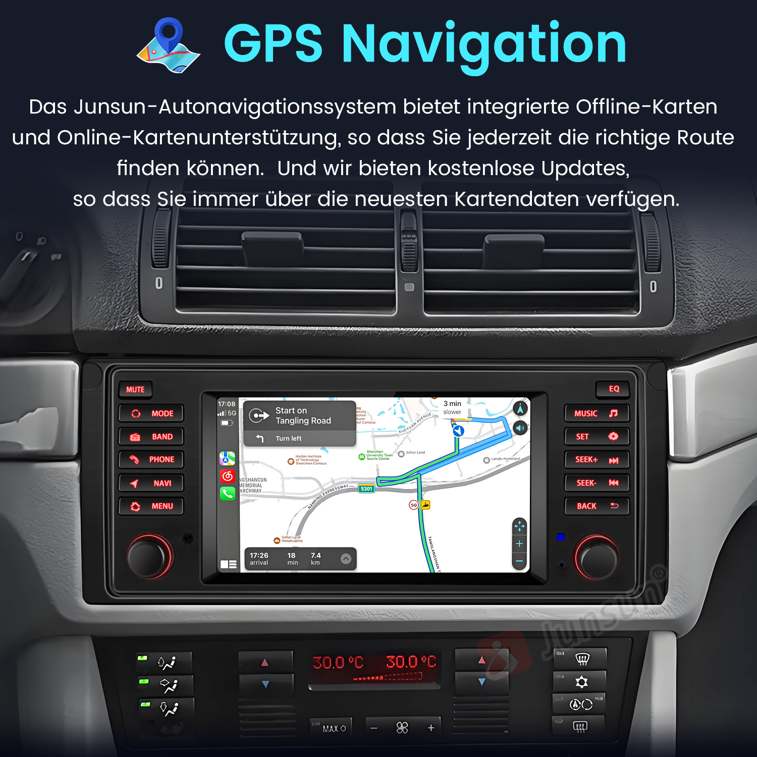 Deska rozdzielcza samochodu pokazująca nawigację GPS z mapą i wskazówkami dotyczącymi trasy.