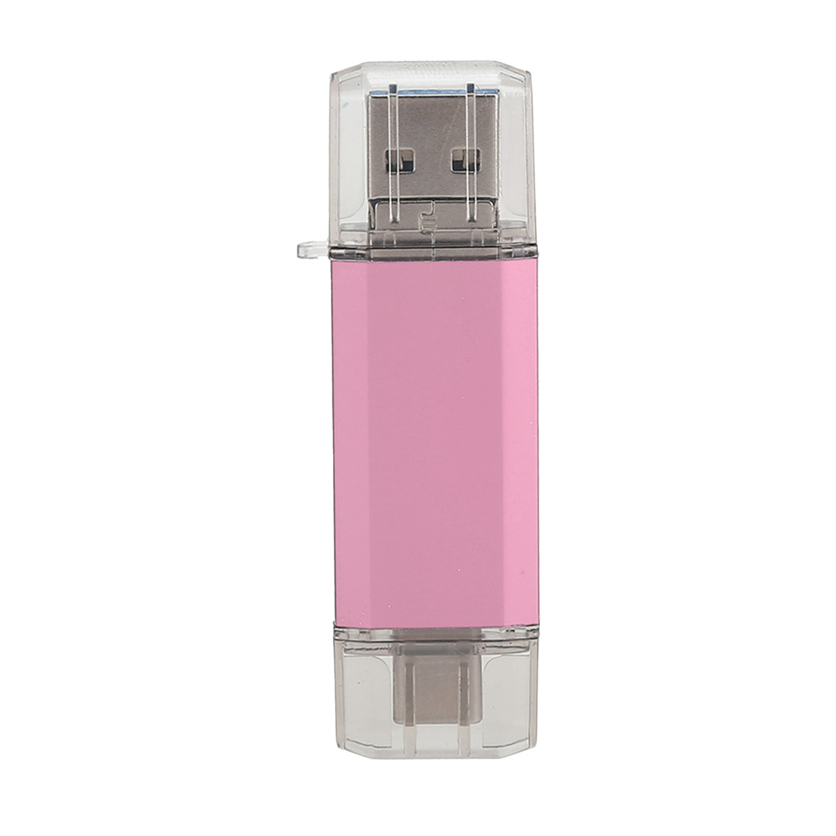 Rosa und klarer USB-Stick mit Schutzkappe. Die Kappe bedeckt den USB-Anschluss.