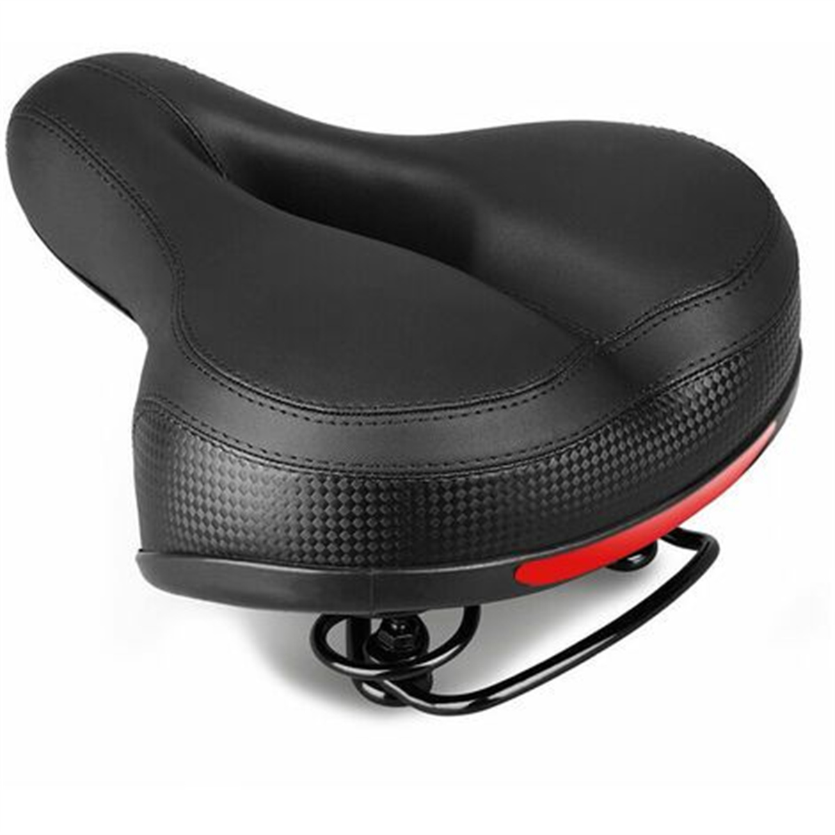 Schwarzer Fahrradsattel mit strukturierter Basis und roten Akzenten, auf weißem Hintergrund.