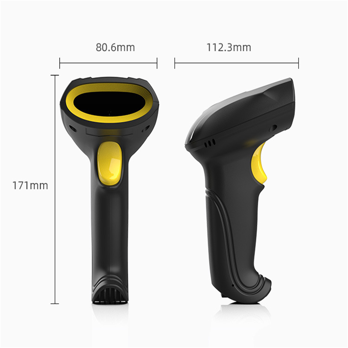 Zwei schwarz-gelbe Barcode-Scanner mit Maßen.