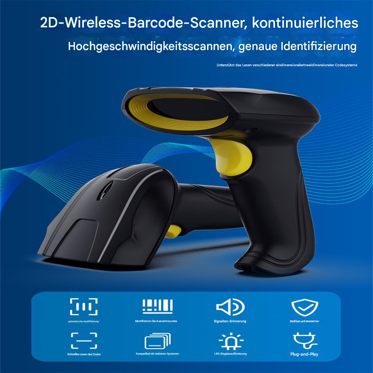 Schwarzer und gelber Barcode-Scanner auf blauem Hintergrund mit Funktionssymbolen.