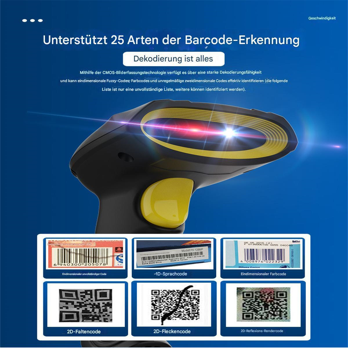 Barcode-Scanner mit verschiedenen Barcodes, 2D-Codes und Text. Gelber Auslöser, schwarzes Gehäuse und rotes Scanlicht.