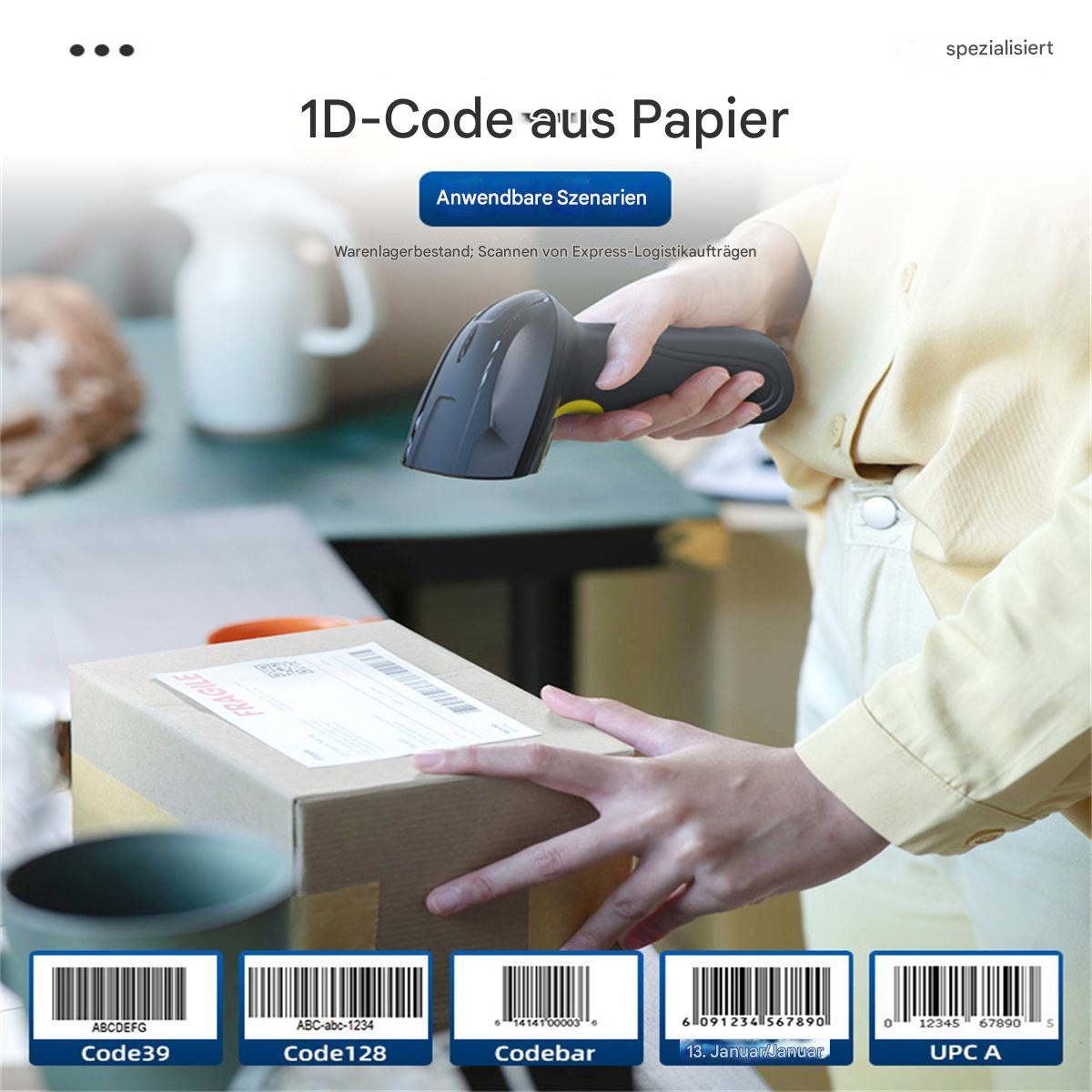 Eine Person scannt einen Barcode auf einer Box mit einem Scanner. Verschiedene Barcode-Beispiele sind unten.