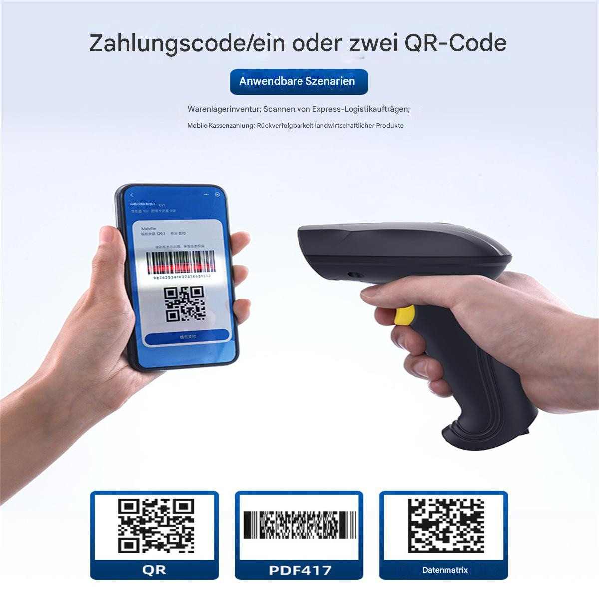 Telefon mit QR-Code, Scanner und QR-Code-Beispiele. Zum Bezahlen.