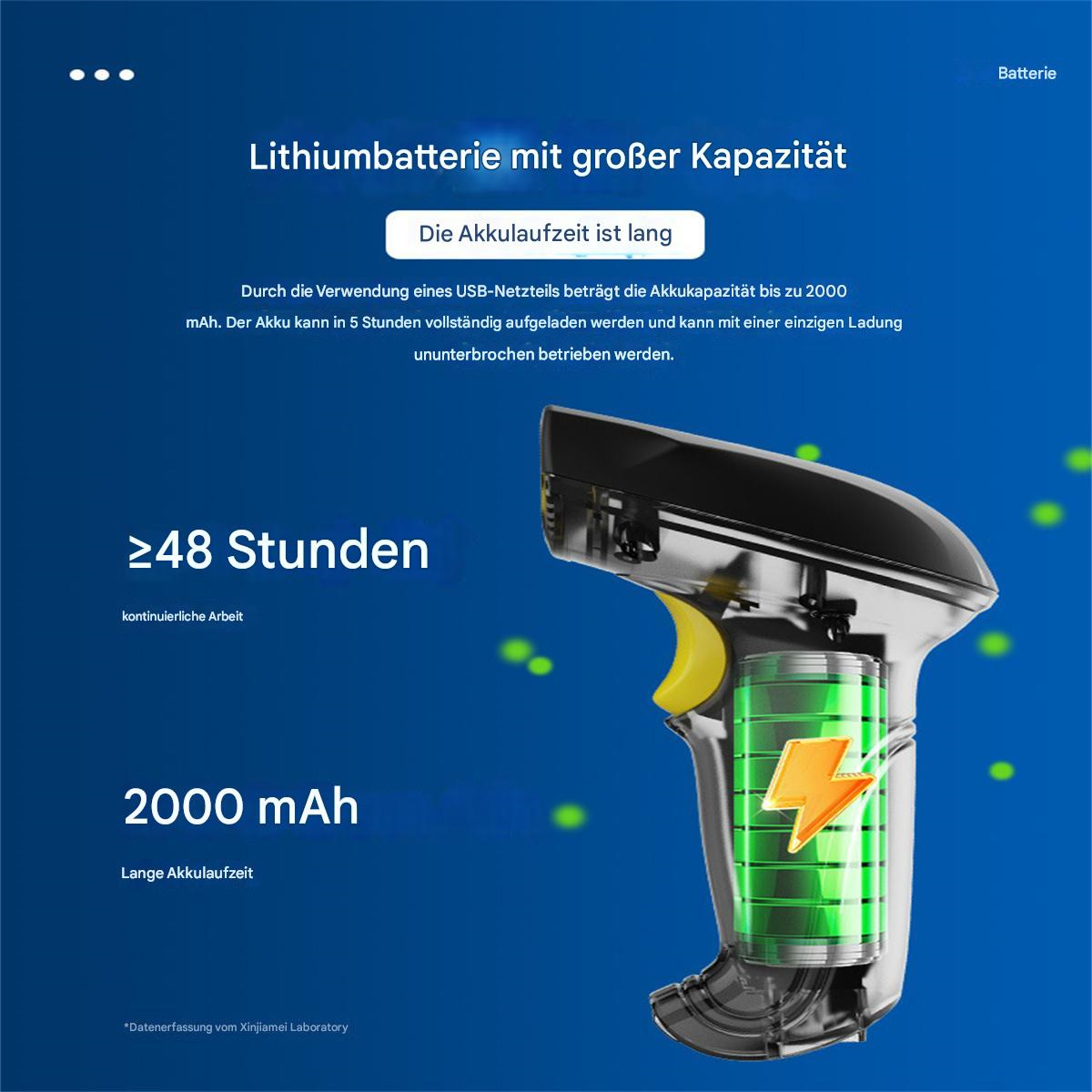 Ein schwarzer Barcodescanner mit gelber Taste, mit grüner Batterie-Grafik. Blauer Hintergrund.