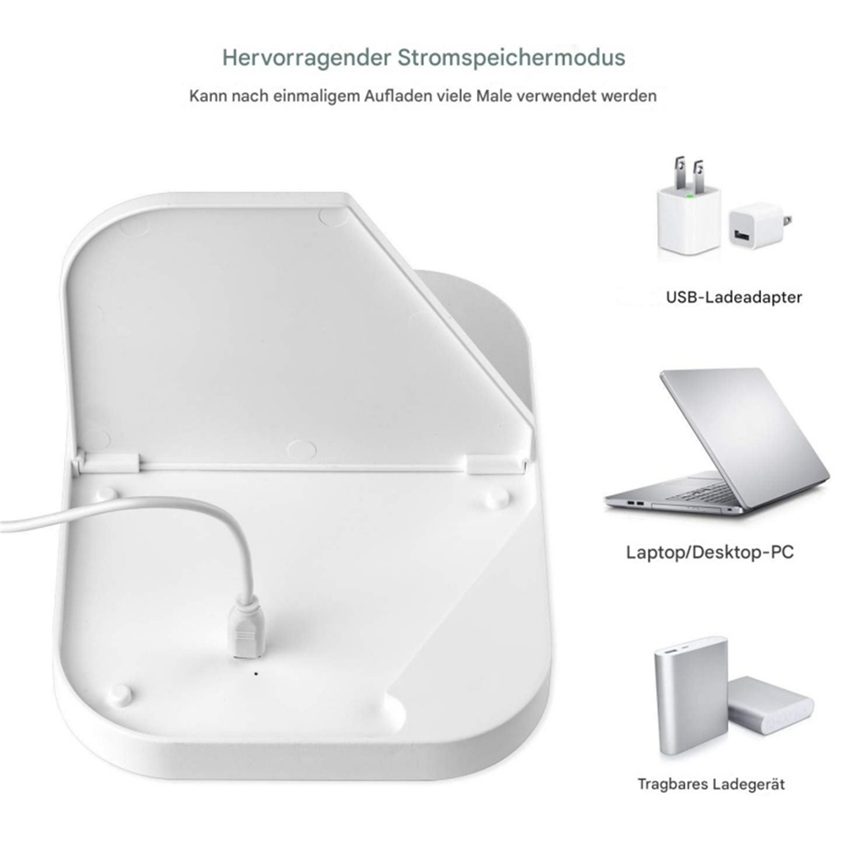 Weiße Ladestation mit Laptop, Ladegeräten und tragbarer Powerbank daneben.